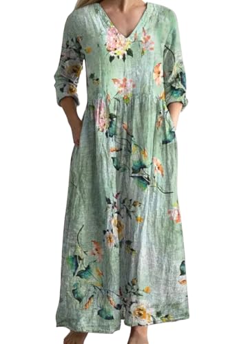 shownicer Sommerkleider Damen Lang Boho Kleid 3/4 Ärmel Freizeitkleid Sommer V Ausschnitt Maxikleider Blumendruck Strandkleid A Grün3 3XL von shownicer