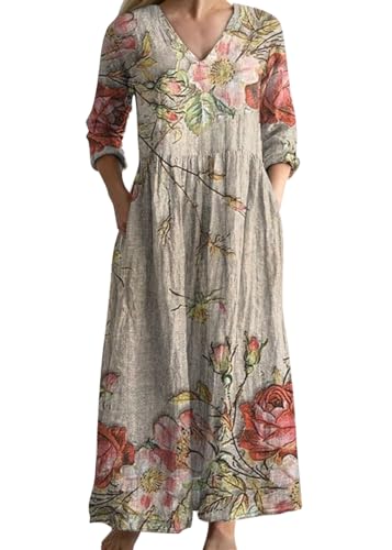 shownicer Sommerkleider Damen Lang Boho Kleid 3/4 Ärmel Freizeitkleid Sommer V Ausschnitt Maxikleider Blumendruck Strandkleid A Khaki2 3XL von shownicer