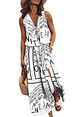 shownicer Sommerkleider Damen Lange Elegant Lässiges Ärmelloses Tank Split Kleid Strandkleid Rundhals Maxikleider mit Taschen C Weiß M von shownicer