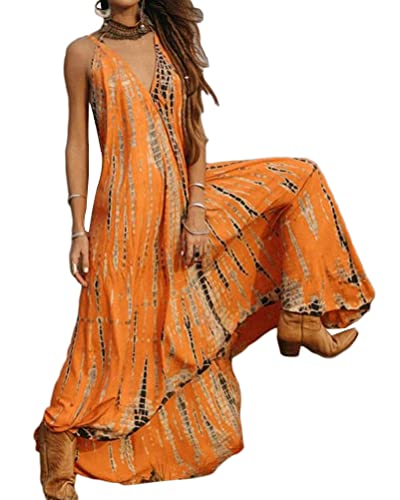 shownicer Sommerkleider Damen Träger Kleid Lang V-Ausschnitt Ärmelloses Maxikleider Modedrucke Spaghettiträger Kleider Casual Lose Strandkleid Freizeitkleid B Orange L von shownicer