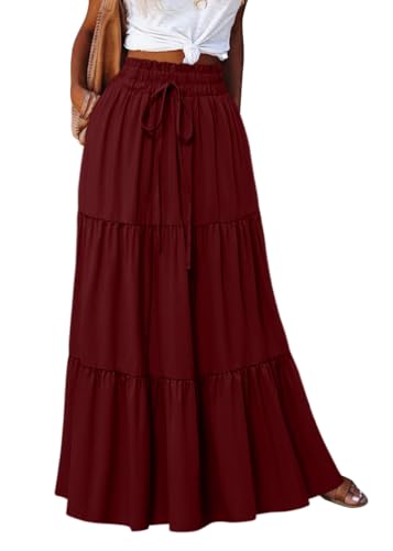 shownicer Sommerrock Damen Boho A-Linie Einfarbig Elastische Hohe Taille Strandrock Freizeitrock Faltenrock Mit Kordelzug A Weinrot M von shownicer