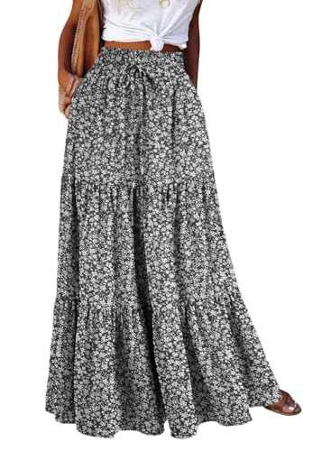 shownicer Sommerrock Damen Boho A-Linie Einfarbig Elastische Hohe Taille Strandrock Freizeitrock Faltenrock Mit Kordelzug B Schwarz XL von shownicer