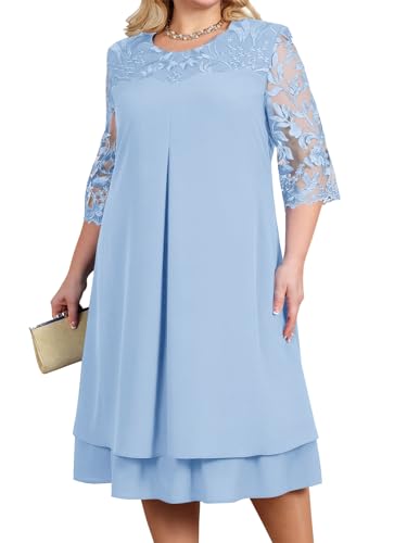 shownicer Spitzenkleid Damen Cocktailkleid Große Größen Abendkleid 3/4 Ärmel Partykleid Knielang Festlich Kleider A Hellblau XL von shownicer