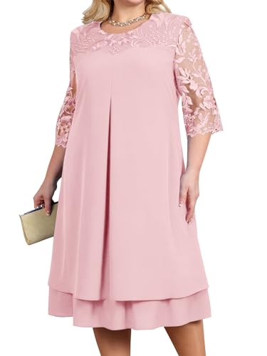 shownicer Spitzenkleid Damen Cocktailkleid Große Größen Abendkleid 3/4 Ärmel Partykleid Knielang Festlich Kleider A Rosa XXL von shownicer