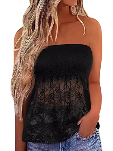 shownicer Spitzentop Damen Ärmellos Trägerloses Bandeau Sexy Tank Top Casual Sommer Locker Urlaub Strand Tube Top Lässige Sommerbluse Oberteile Spitzen-Tanktop A Schwarz XXL von shownicer