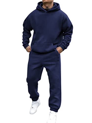 shownicer Sportbekleidung Trainingsanzug Herren Einfarbig Hoodie Mit Kapuze Langarm Mit Taschen Hausanzug 2-Teilig Herbst Winter Kapuzenjacke Jogginghose Jogginganzug Set A Marine L von shownicer