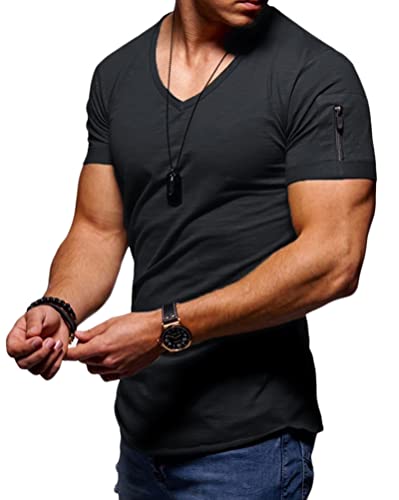 shownicer Sportswear T-Shirt Herren Freizeithemden V-Ausschnitt T-Shirts Tops Classics Herren Basic T-Shirt Kurzarm Einfarbig Slim Fit Gym Activewear A Schwarz S von shownicer