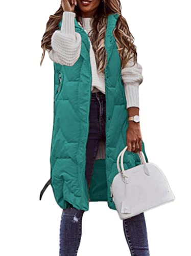 shownicer Steppweste Damen Daunenweste Lang Wintermantel Vest mit Kapuze Weste Mantel Ärmellose Warmer Daunenmantel mit Taschen Steppjacke Outdoor Lange Outwear Winterjacke A Grün L von shownicer