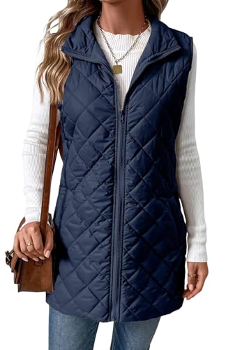 shownicer Steppweste Damen Lange Leichte Weste mit Kapuze Ärmellos Winterjacke Warm Übergangsweste A Dunkelblau L von shownicer