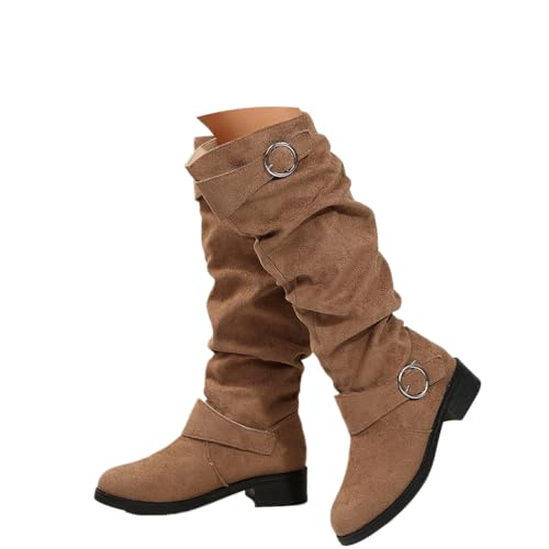 shownicer Stiefel Damen Bequeme Wildleder Elegant Absatz Westernstiefel Runde Zehen Hohe Einfarbige Langschaft Boots Damenstiefel C Khaki 43 von shownicer