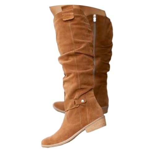 shownicer Stiefel Damen Bequeme Wildleder Elegant Absatz Westernstiefel Runde Zehen Hohe Einfarbige Langschaft Boots Damenstiefel A Braun 42 von shownicer