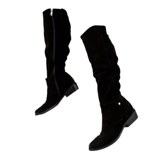 shownicer Stiefel Damen Bequeme Wildleder Elegant Absatz Westernstiefel Runde Zehen Hohe Einfarbige Langschaft Boots Damenstiefel A Schwarz 43 von shownicer