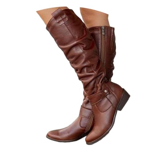 shownicer Stiefel Damen Bequeme Wildleder Elegant Absatz Westernstiefel Runde Zehen Hohe Einfarbige Langschaft Boots Damenstiefel A Weinrot 38 von shownicer