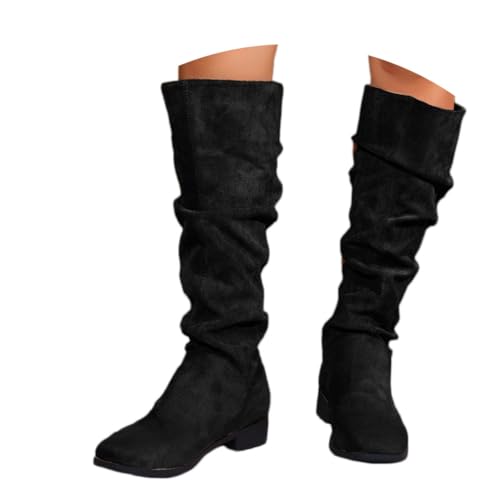 shownicer Stiefel Damen Bequeme Wildleder Elegant Absatz Westernstiefel Runde Zehen Hohe Einfarbige Langschaft Boots Damenstiefel B Schwarz 41 von shownicer