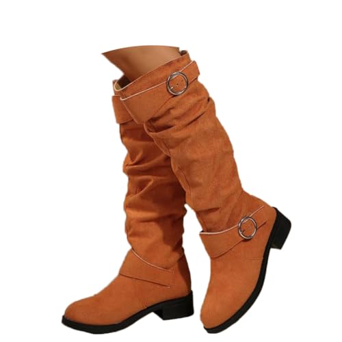 shownicer Stiefel Damen Bequeme Wildleder Elegant Absatz Westernstiefel Runde Zehen Hohe Einfarbige Langschaft Boots Damenstiefel C Orange 39 von shownicer