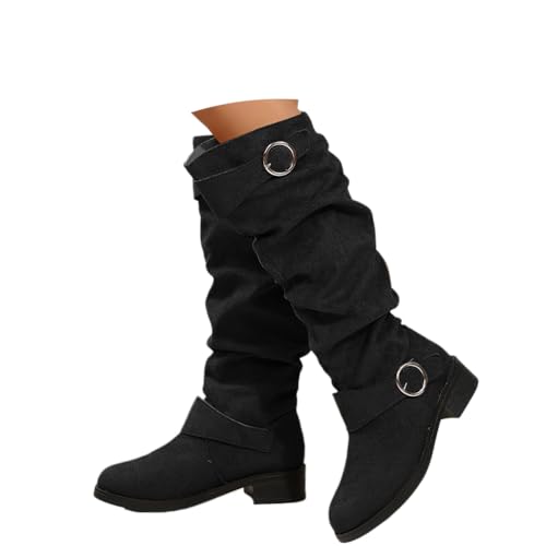 shownicer Stiefel Damen Bequeme Wildleder Elegant Absatz Westernstiefel Runde Zehen Hohe Einfarbige Langschaft Boots Damenstiefel C Schwarz 36 von shownicer