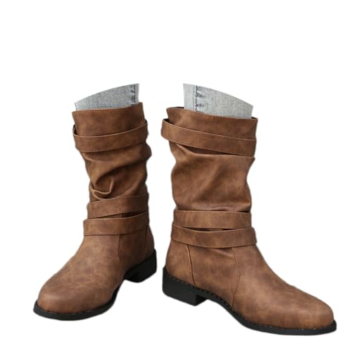 shownicer Stiefeletten Damen Halbstiefel Runde Schlupfschuhe Niederung Stiefel Mit Schnalle Casual Stiefel aus Leder A Braun 40 von shownicer