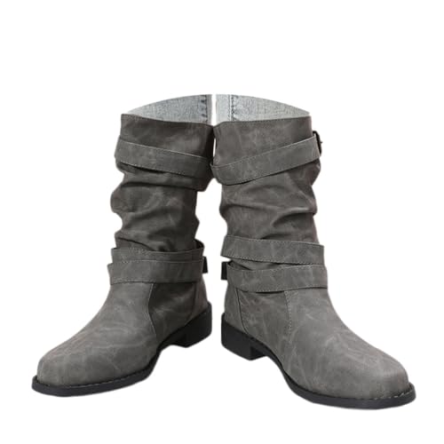 shownicer Stiefeletten Damen Halbstiefel Runde Schlupfschuhe Niederung Stiefel Mit Schnalle Casual Stiefel aus Leder A Grau 40 von shownicer