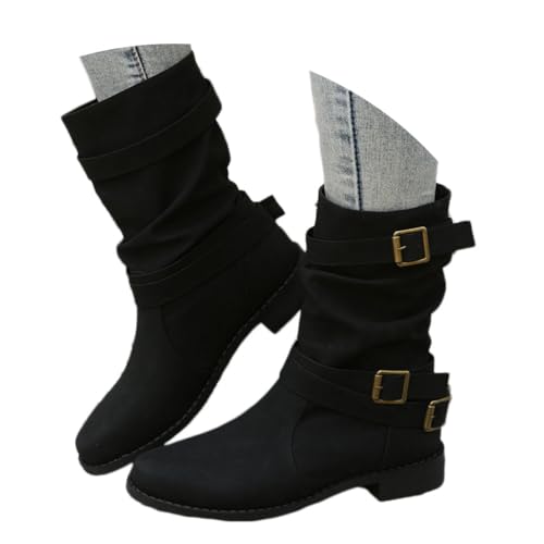shownicer Stiefeletten Damen Halbstiefel Runde Schlupfschuhe Niederung Stiefel Mit Schnalle Casual Stiefel aus Leder A Schwarz 39 von shownicer