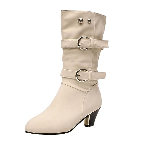 Shownicer Stiefeletten Damen Mittlere Stiefel Mit Absatz und Schnalle - Herbst Winter Mode Elegant Chic Lange Boots Schuhe A Beige 40 EU von shownicer