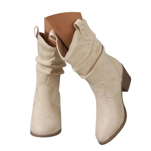 shownicer Stiefeletten Damen Wildleder Elegante Stiefel mit Blockabsatz Stiefel Westernstiefel Ankle Boots Halbhoch Damenstiefel A Aprikose 39 EU von shownicer