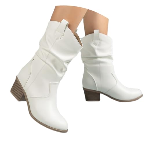 shownicer Stiefeletten Damen Wildleder Elegante Stiefel mit Blockabsatz Stiefel Westernstiefel Ankle Boots Halbhoch Damenstiefel C Weiß 40 von shownicer
