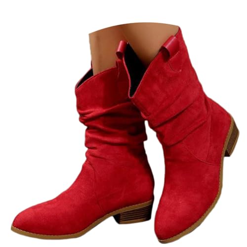 shownicer Stiefeletten Damen Wildleder Elegante Stiefel mit Blockabsatz Stiefel Westernstiefel Ankle Boots Halbhoch Damenstiefel D Rot 39 von shownicer