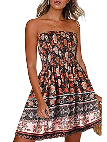 shownicer Strandkleider Damen Sommer Boho Bandeau Kleider Elegant Schulterfrei Freizeitkleid Ärmellos Blumenkleid Sexy Trägerlos Knielang Kleider Minikleid Strandponcho Bikini Cover Up D Orange M von shownicer