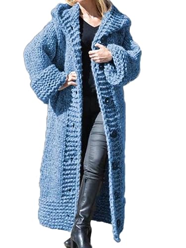 shownicer Strickcardigan Damen Strickjacke Lang Cardigan Kapuzenpullover Elegant Offener Strickjacken Lose Jacke Mantel Longstrickjacke mit Kapuze für Herbst A Blau XXL von shownicer