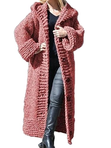 shownicer Strickcardigan Damen Strickjacke Lang Cardigan Kapuzenpullover Elegant Offener Strickjacken Lose Jacke Mantel Longstrickjacke mit Kapuze für Herbst A Rosa 3XL von shownicer