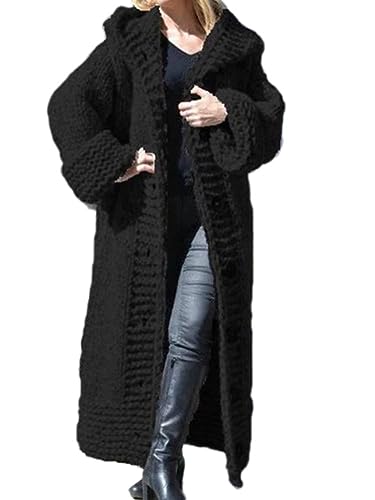 shownicer Strickcardigan Damen Strickjacke Lang Cardigan Kapuzenpullover Elegant Offener Strickjacken Lose Jacke Mantel Longstrickjacke mit Kapuze für Herbst A Schwarz S von shownicer