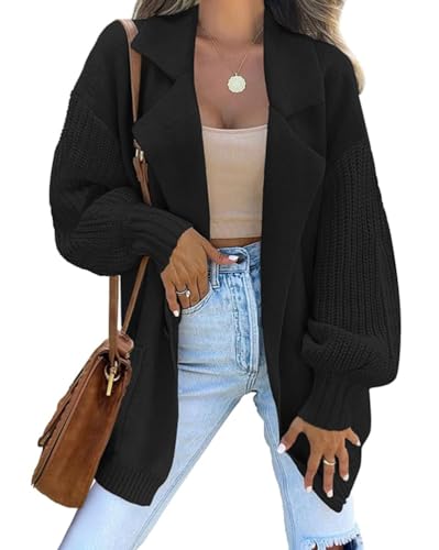 shownicer Strickjacke Damen Cardigan Revers Langarm V-Ausschnitt Knopfleiste Grobstrickjacke Strickmantel Herbst Winter Casual Strickcardigan Open Front Sweater mit Knopf und Taschen A Schwarz M von shownicer