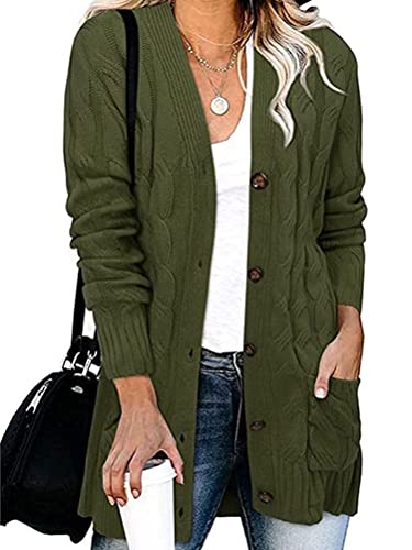 shownicer Strickjacke Damen Einfarbige Lang Cardigan Langarm Offene Front Pullover Mantel Casual Herbst Winter Strickmantel mit Tasche B Grün L von shownicer