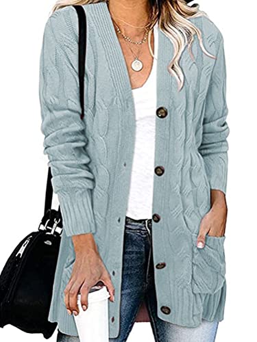 shownicer Strickjacke Damen Einfarbige Lang Cardigan Langarm Offene Front Pullover Mantel Casual Herbst Winter Strickmantel mit Tasche B Hellblau S von shownicer