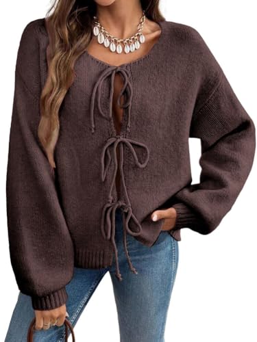 shownicer Strickjacke Damen Elegante Einfarbig Cardigan Herbst Winter Langarm Strickcardigan A Kaffee M von shownicer
