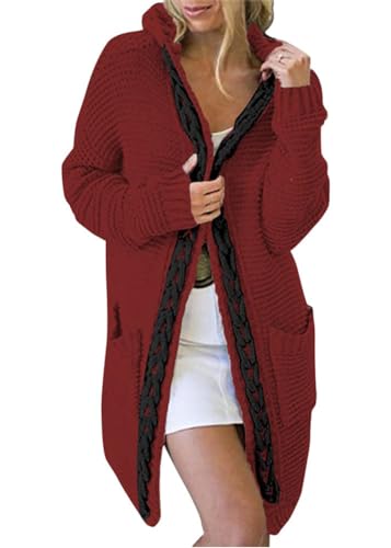 shownicer Strickjacke Damen Grobstrick Cardigan Lang Winter Grobstrickjacke Strickmantel mit Kapuze Strickcardigan Offener ÜBergangsjacke Wintermäntel B Weinrot 3XL von shownicer