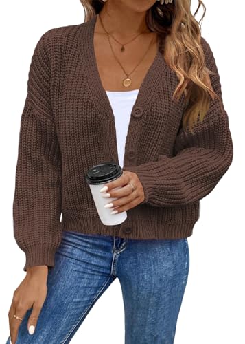 shownicer Strickjacke Damen Kurz Sommer Strick Cardigan V-Ausschnitt Knopfleiste Open Front Sweater Casual Schulterjacke A Braun S von shownicer