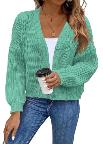 shownicer Strickjacke Damen Kurz Sommer Strick Cardigan V-Ausschnitt Knopfleiste Open Front Sweater Casual Schulterjacke A Grün M von shownicer