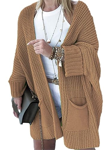 shownicer Strickjacke Damen Lang Cardigan Langarm Offener Strickcardigan Leichte Dünne ÜBergangsjacke Jacke Mantel Outwear für Herbst mit Taschen B Braun L von shownicer