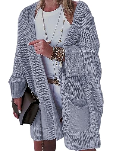 shownicer Strickjacke Damen Lang Cardigan Langarm Offener Strickcardigan Leichte Dünne ÜBergangsjacke Jacke Mantel Outwear für Herbst mit Taschen B Grau XL von shownicer