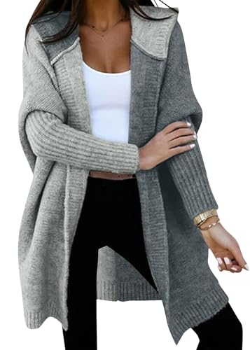 shownicer Strickjacke Damen Lang Cardigan mit Kapuze Farbblock Offen Kapuzenpullover Grobstrickjacke Strickmantel Strickpullover Herbst Winter Open Front Sweater A Grau L von shownicer