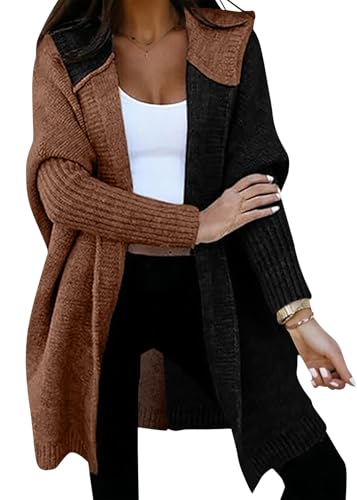 shownicer Strickjacke Damen Lang Cardigan mit Kapuze Farbblock Offen Kapuzenpullover Grobstrickjacke Strickmantel Strickpullover Herbst Winter Open Front Sweater A Schwarz-Kaffee XL von shownicer