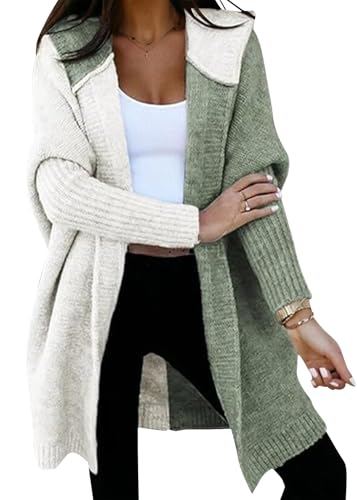 shownicer Strickjacke Damen Lang Cardigan mit Kapuze Farbblock Offen Kapuzenpullover Grobstrickjacke Strickmantel Strickpullover Herbst Winter Open Front Sweater A Weiß-grün S von shownicer