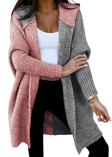 shownicer Strickjacke Damen Lang Cardigan mit Kapuze Farbblock Offen Kapuzenpullover Grobstrickjacke Strickmantel Strickpullover Herbst Winter Open Front Sweater A Weiß-rosa XL von shownicer