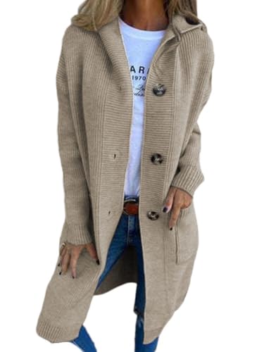 shownicer Strickjacke Damen Lang Leicht Cardigan Casual Langarm Strickmantel Elegant Strickcardigan Mittellang mit Taschen und Knöpfen A Aprikose XL von shownicer