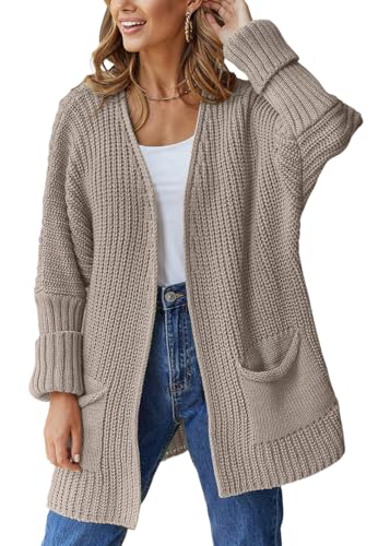 shownicer Strickjacke Damen Lang Open Front Cardigan Strickmantel Casual Loose Langarm Strickcardigan Outerwear mit Taschen A Khaki S von shownicer