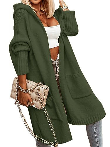 shownicer Strickjacke Damen Lang Strick Cardigan Brief Drucken Kapuzenpullover Lose Warm Herbst Winter Jacke Strickmantel Outerwear Oversize mit Tasche C Armeegrün M von shownicer