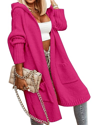 shownicer Strickjacke Damen Lang Strick Cardigan Brief Drucken Kapuzenpullover Lose Warm Herbst Winter Jacke Strickmantel Outerwear Oversize mit Tasche C Dunkelrosa M von shownicer