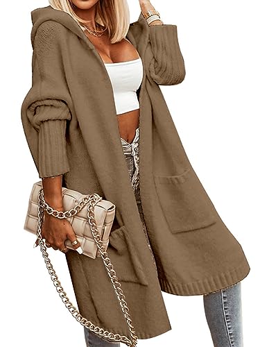 shownicer Strickjacke Damen Lang Strick Cardigan Brief Drucken Kapuzenpullover Lose Warm Herbst Winter Jacke Strickmantel Outerwear Oversize mit Tasche C Khaki L von shownicer