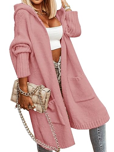 shownicer Strickjacke Damen Lang Strick Cardigan Brief Drucken Kapuzenpullover Lose Warm Herbst Winter Jacke Strickmantel Outerwear Oversize mit Tasche C Rosa M von shownicer